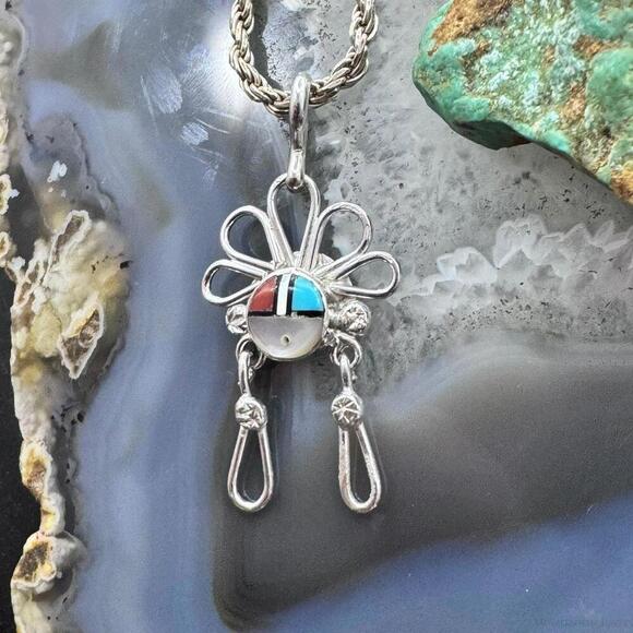 Ola Eriacho Zuni Sterling Silver Multistone Inlay Sunburst Pendant For Women - Picture 5 of 10